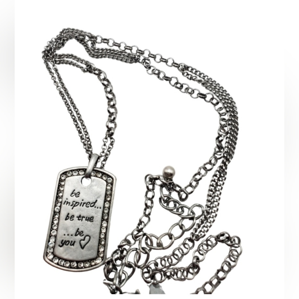 Chico’s Necklace Inspirational Charm Pendant Silver Sequins Long 16"